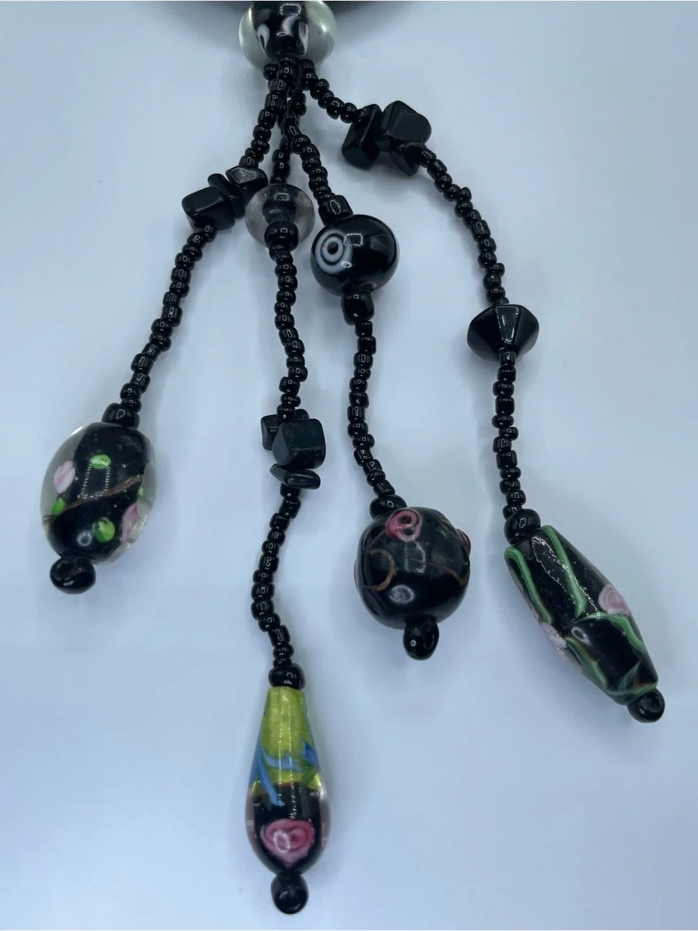 Black Crystal Glass Beaded Blown Glass Medallion Tassel Statement Necklace